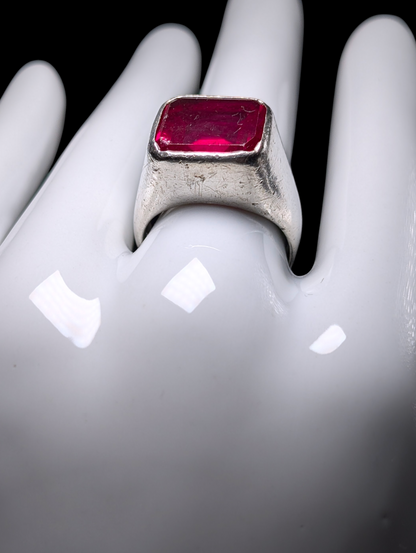 Vintage Bezel Set Large Genuine Ruby Solitaire Taxco Sterling Silver Men's Ring