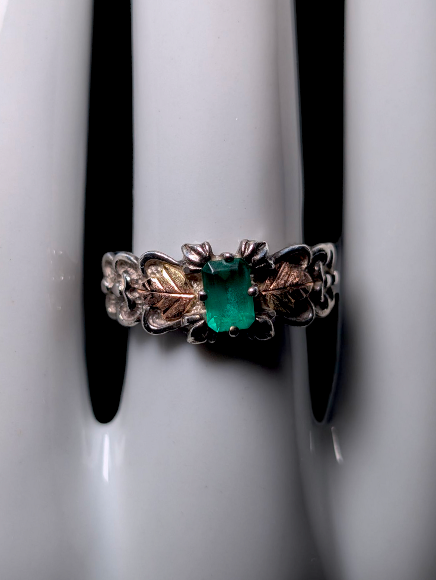 Vintage Black Hills Gold Emerald Cut Genuine Helenite 12K Gold and Sterling Silver Ring