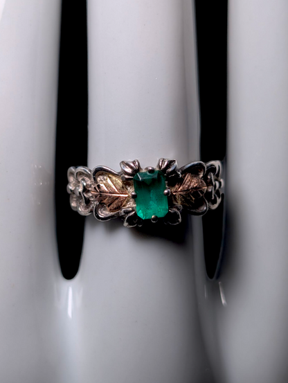 Vintage Black Hills Gold Emerald Cut Genuine Helenite 12K Gold and Sterling Silver Ring