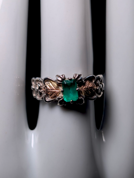 Vintage Black Hills Gold Emerald Cut Genuine Helenite 12K Gold and Sterling Silver Ring
