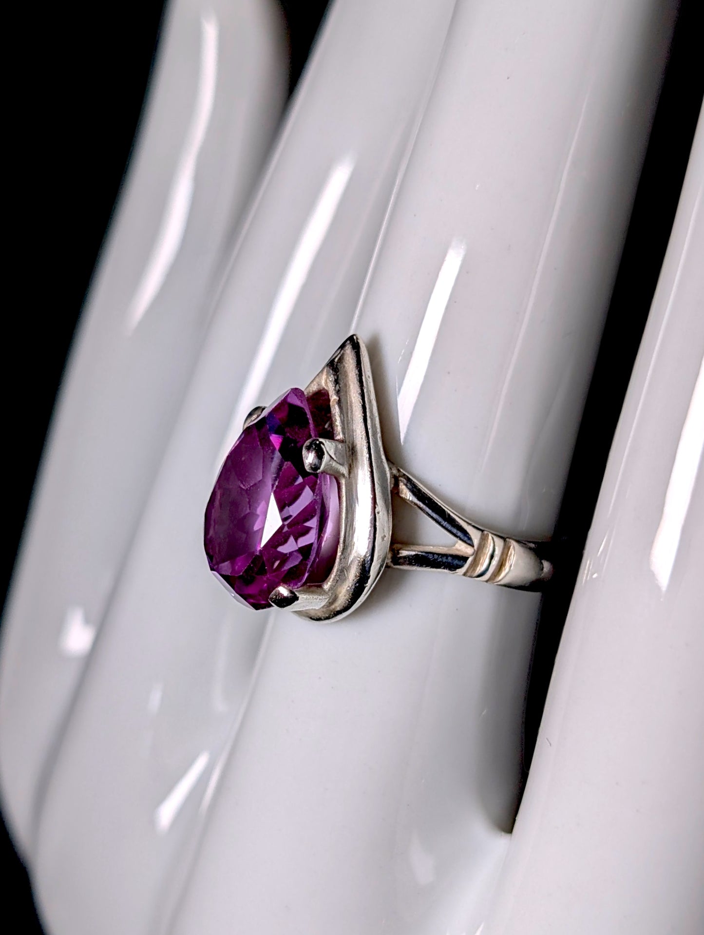 Vintage Pear Cut Solitaire Genuine Purple Sapphire Sterling Silver Ring