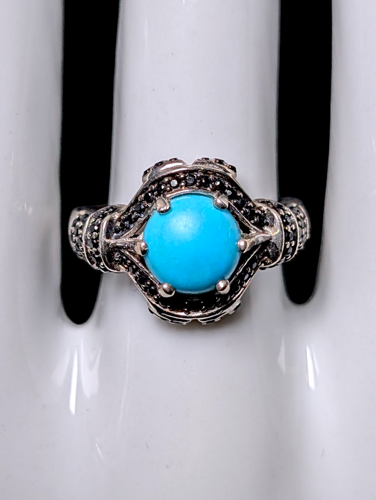 Vintage Inspired Eye Genuine Sleeping Beauty Turquoise and Black Onyx Halo Sterling Silver Ring
