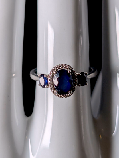 Vintage Tri-Stone Genuine Blue Sapphire and Diamond Accented Halo Sterling Silver Ring