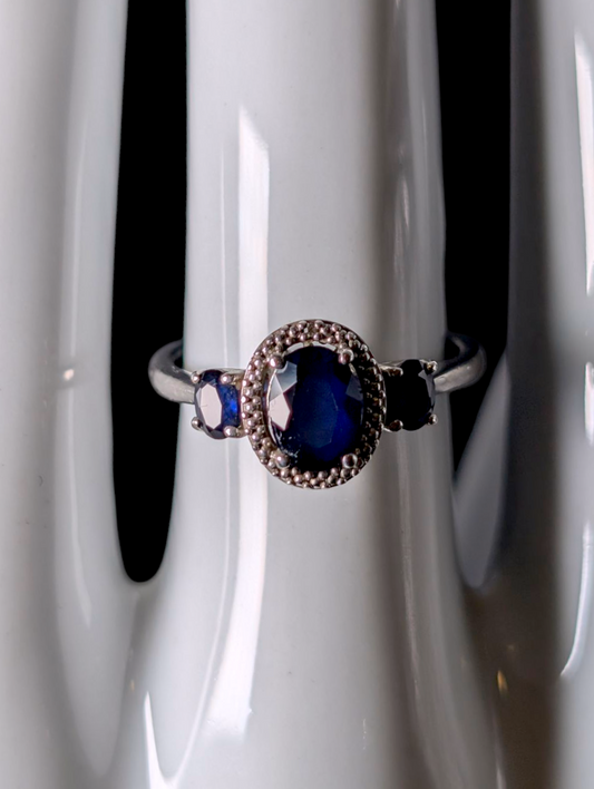 Vintage Tri-Stone Genuine Blue Sapphire and Diamond Accented Halo Sterling Silver Ring