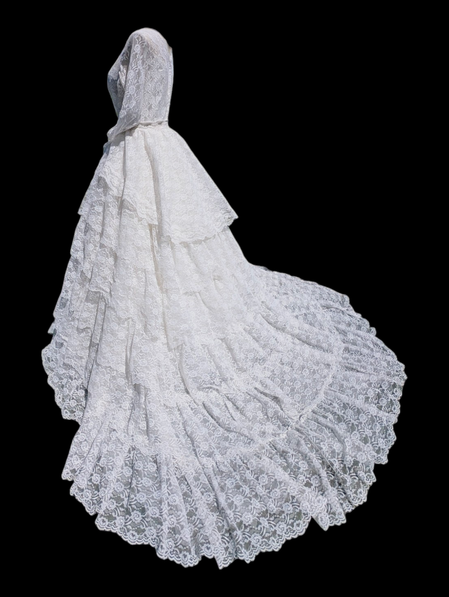 1950s Bright White Ruffled Tiered Wedding Dress with Cupid Lace, Long Sleeves, And Removable Train