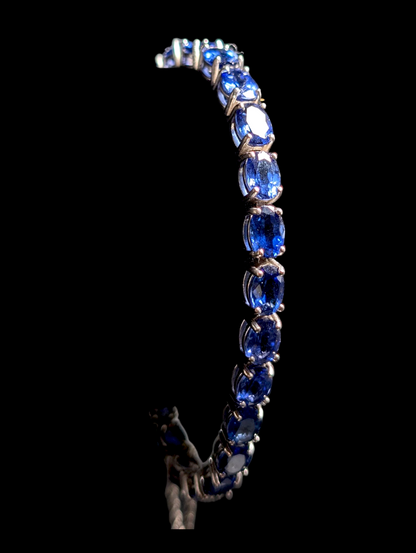 Vintage Inspired 18+ Carat Oval Cut Genuine Sapphire Sterling Silver Tennis Bracelet with 14k White Gold Safety Chain