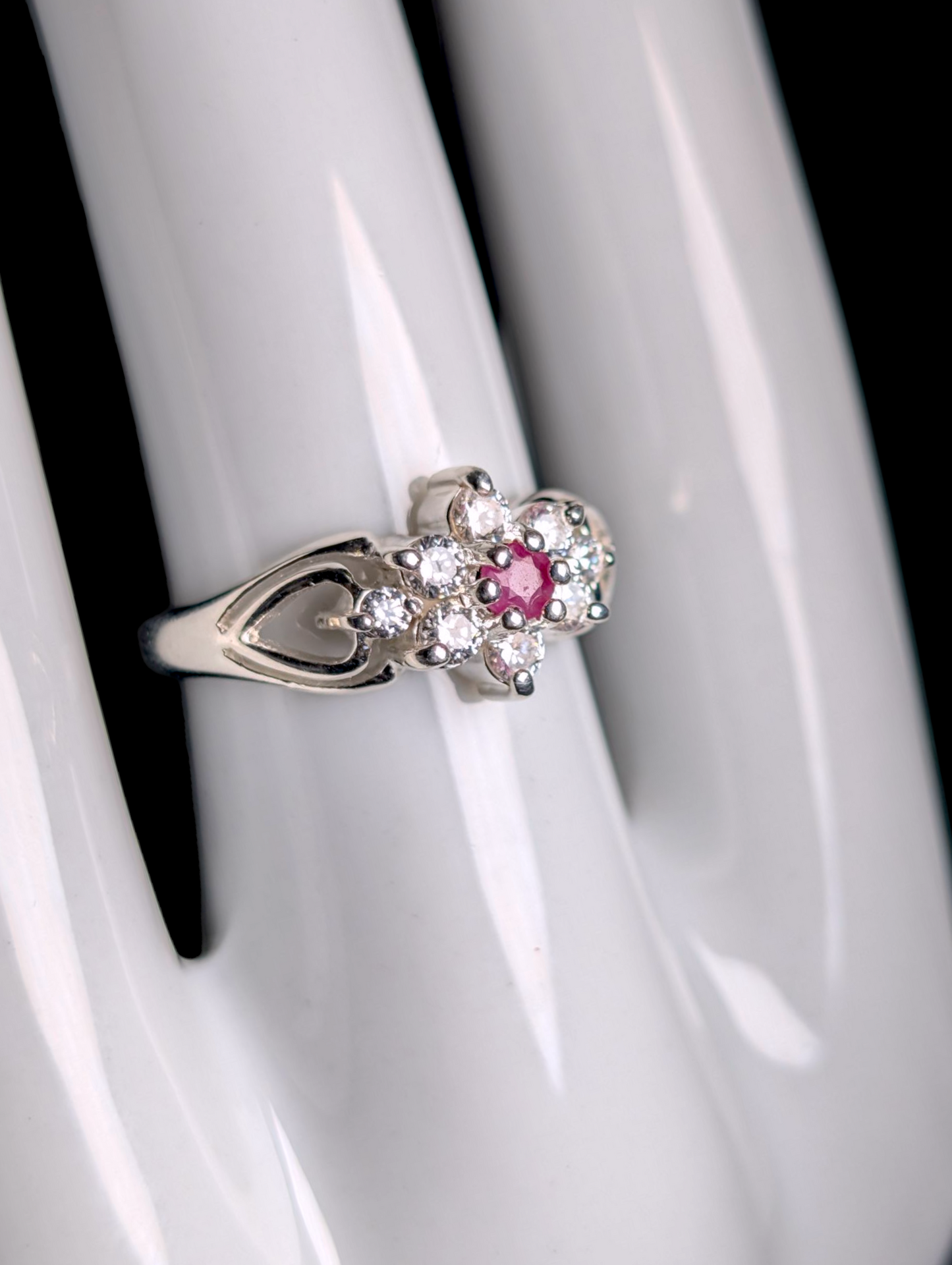 Vintage Starburst Earth Mined Genuine Ruby and Simulated Diamond Sterling Silver Ring