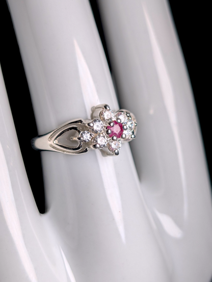 Vintage Starburst Earth Mined Genuine Ruby and Simulated Diamond Sterling Silver Ring