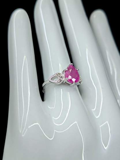 Vintage Pear Cut Faceted Genuine Pink Sapphire and White Topaz Sterling Silver Ring