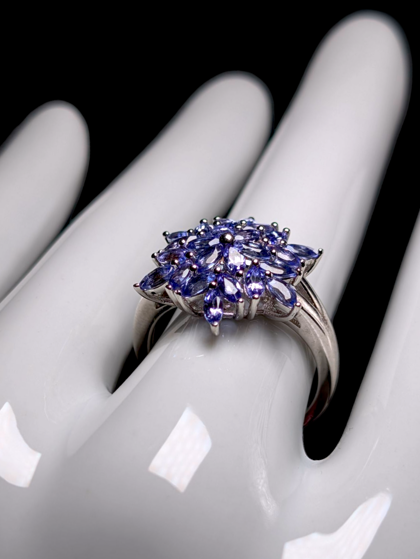 Vintage Starburst Flower Earth Mined Genuine Light Purple Tanzanite and Hidden Blue Topaz Sterling Silver Cluster Statement Ring