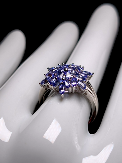 Vintage Starburst Flower Earth Mined Genuine Light Purple Tanzanite and Hidden Blue Topaz Sterling Silver Cluster Statement Ring