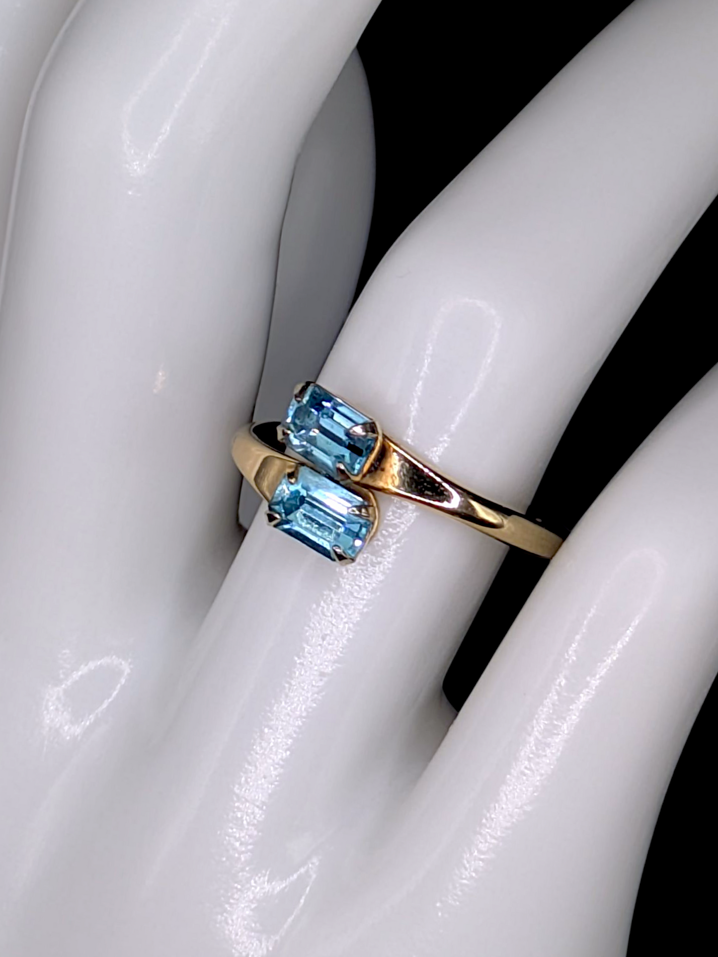 Vintage Inspired Twin Baguette Cut Simulated Blue Topaz Crossover Gold Toned Ring