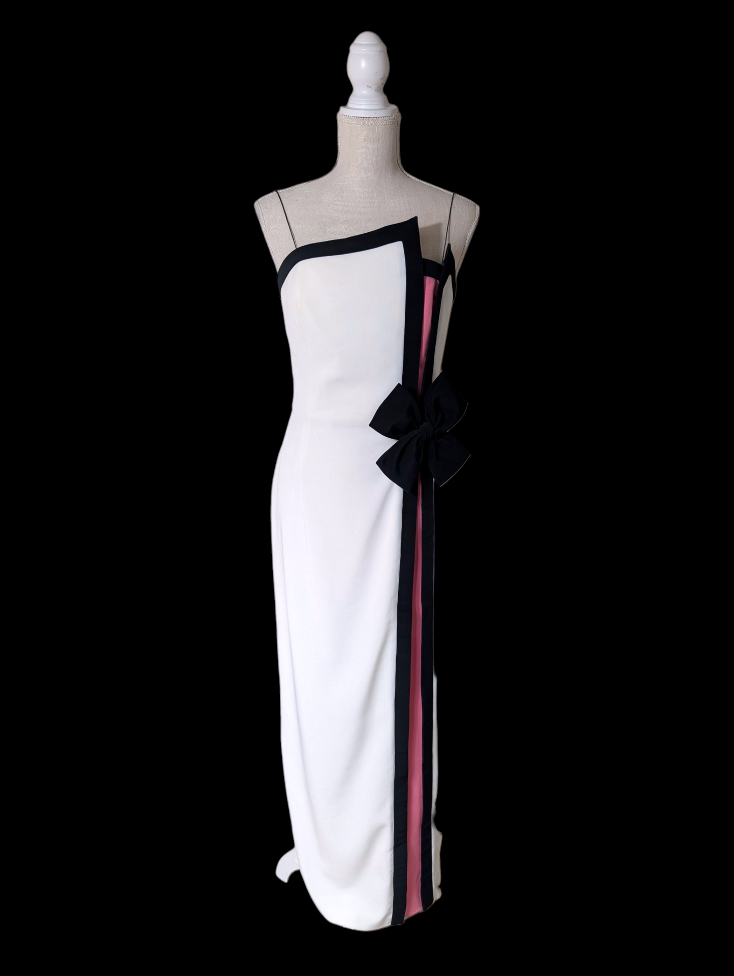 1980s Couture Designer Bill Blass White and Black Hourglass Evening Dress with Hot Pink Color Blocking, Asymmetrical Neckline, Decorative Accent Bow and Spaghetti Straps
