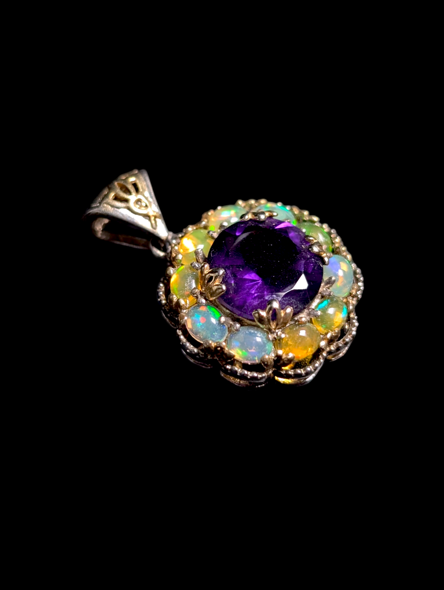 Vintage Art Nouveau Inspired Genuine Grape Purple Amethyst Solitaire and Ethiopian Opal Halo 14k Yellow Gold and Sterling Silver Pendant