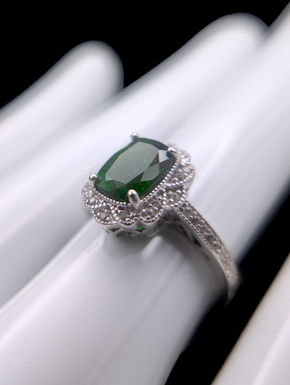 Edwardian Inspired Radiant Cut Green Chrome Diopside and White Topaz Halo Sterling Silver Ring