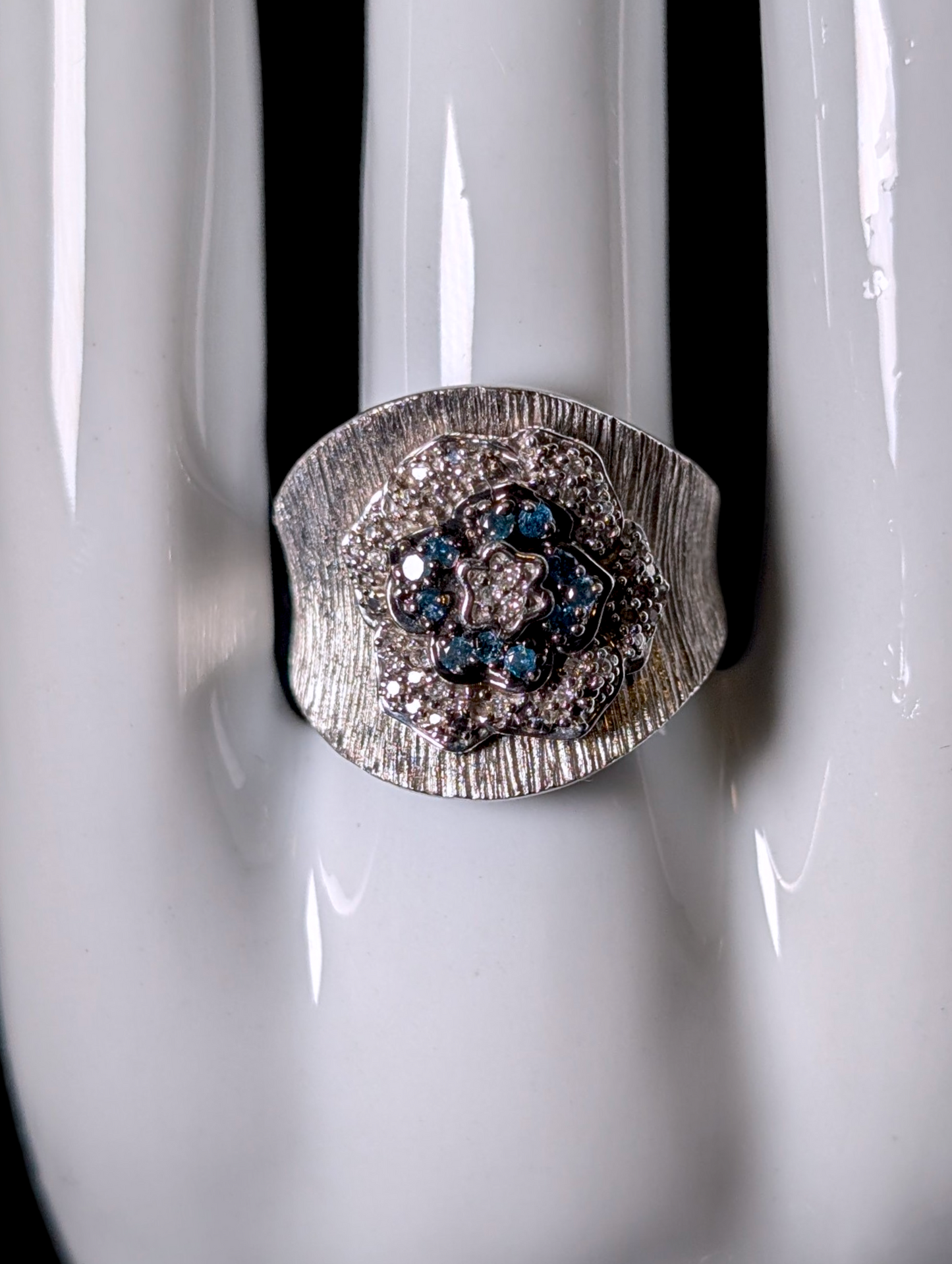 Vintage Flower Motif Genuine Blue and White Diamond Sterling Silver Wide Band Ring