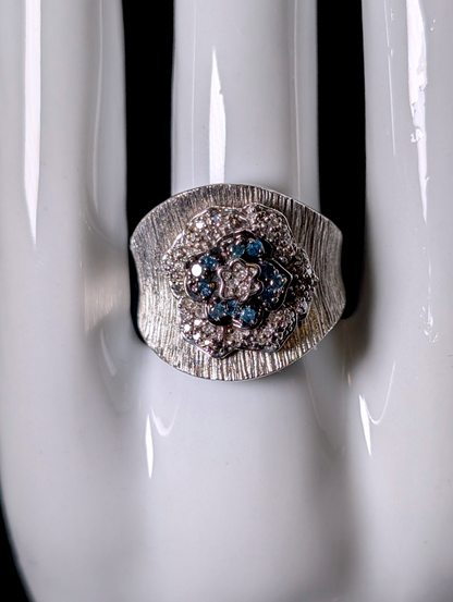 Vintage Flower Motif Genuine Blue and White Diamond Sterling Silver Wide Band Ring