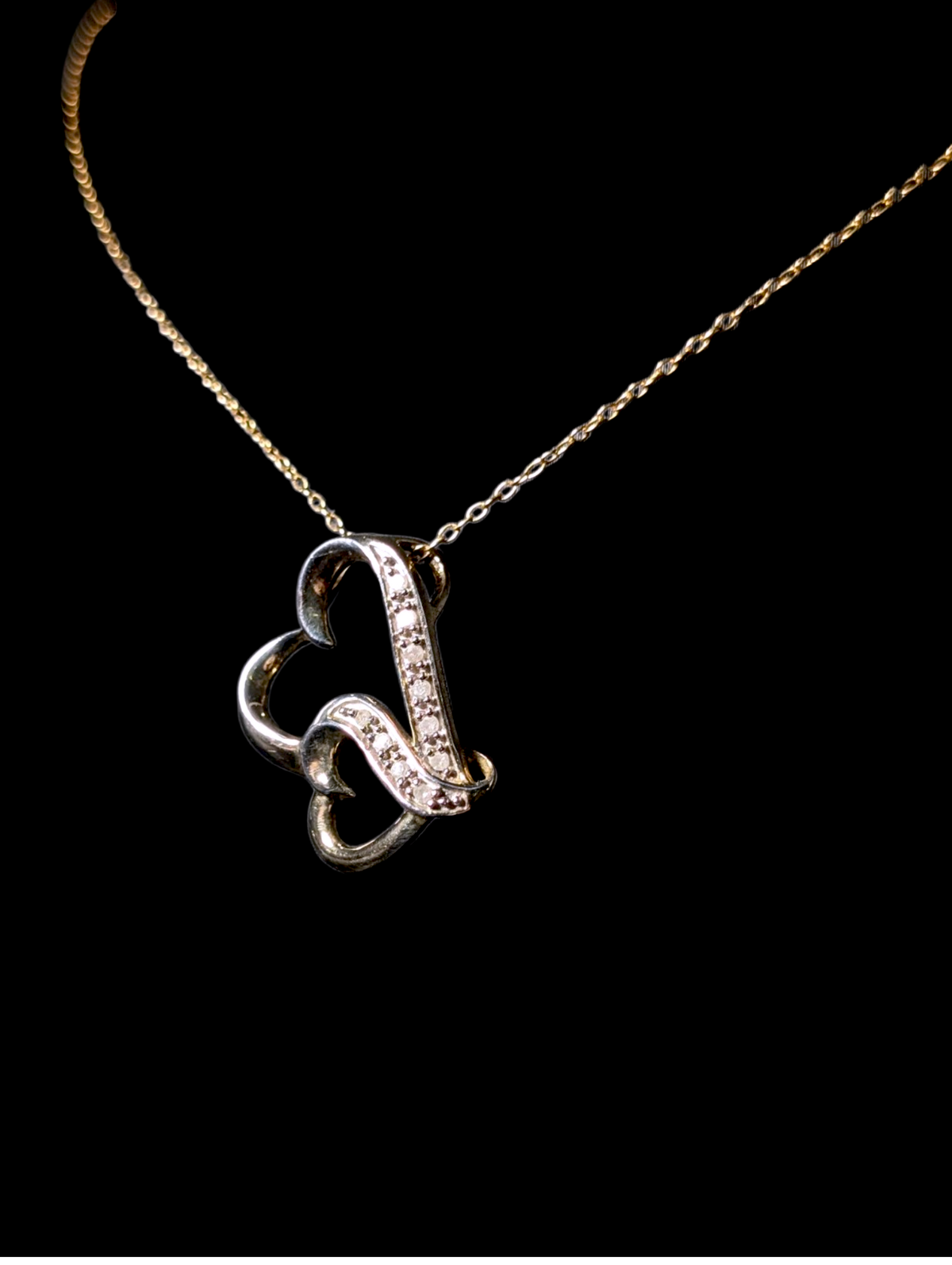 Vintage Double Heart Genuine Diamond 18k Gold over Sterling Silver Pendant