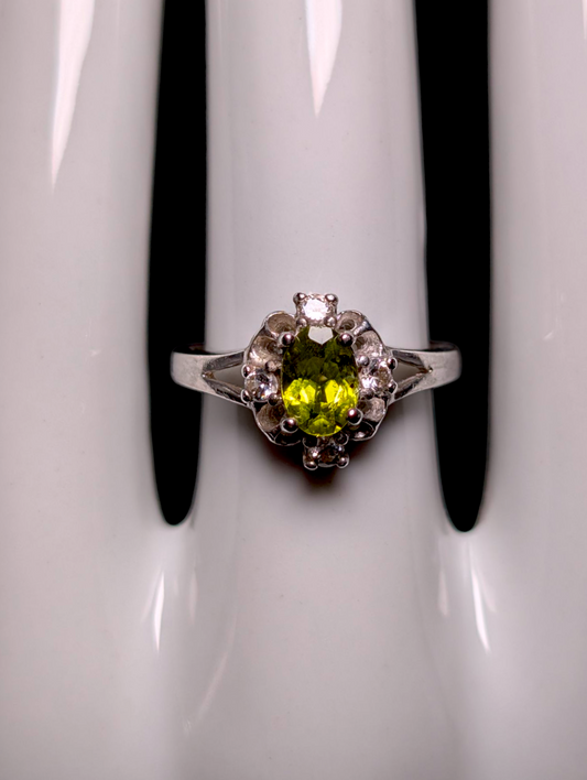 Vintage Dainty Genuine Peridot Solitaire with Simulated Diamond Accents Sterling Silver Ring