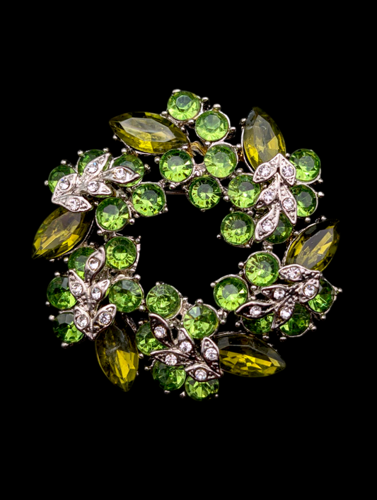1950s - 1960s Vintage Large Layered Olive and Peridot Green Crystal Rhinestone Wreath Circle Brooch Pin