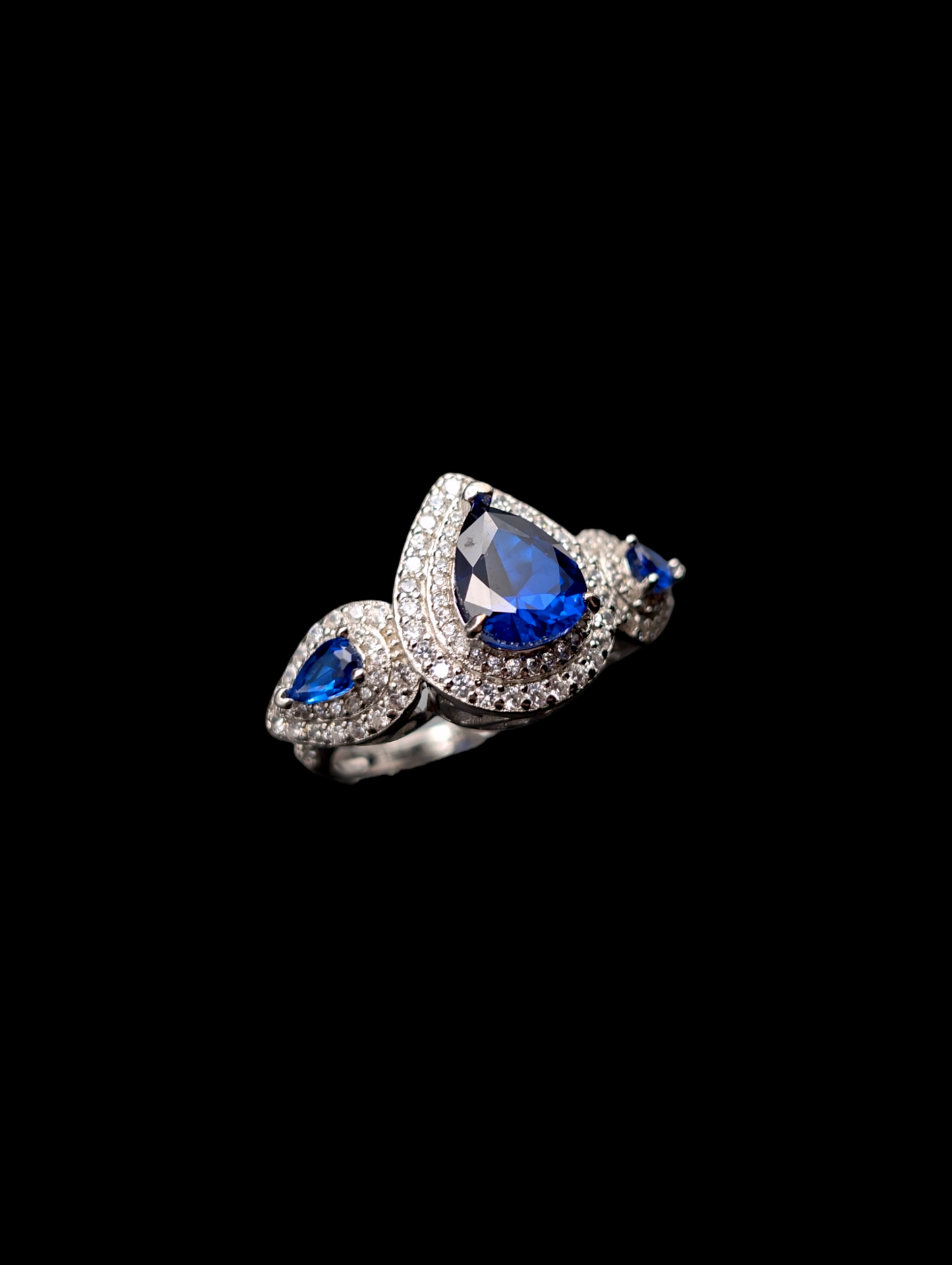 Vintage Inspired Cornflower Blue Pear Cut Genuine Spinel and Diamond Double Halo Sterling Silver Ring