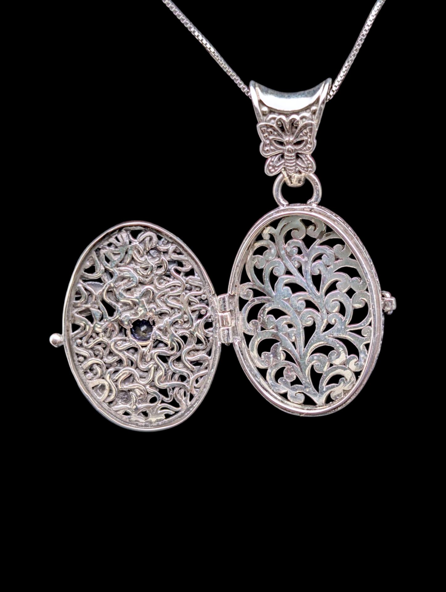 Vintage Earth Mined Genuine Tanzanite Dragonfly and Butterfly Filigree Locket Sterling Silver Pendant