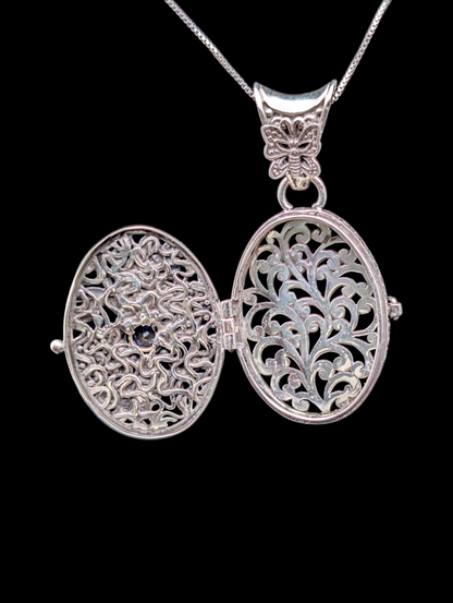 Vintage Earth Mined Genuine Tanzanite Dragonfly and Butterfly Filigree Locket Sterling Silver Pendant
