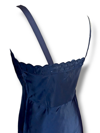 1940s Candie Barbizon Tafredda Navy Blue Slip Dress with Silk Embroidery