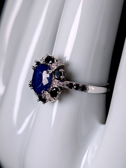 Vintage Earth Mined Oval Cut Genuine Sapphire Solitaire with Simulated Diamond Accents Sterling Silver Ring