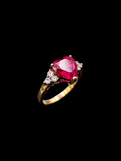 Vintage Genuine Red Ruby Heart with White Sapphire 14k Yellow Gold Vermeil Ring