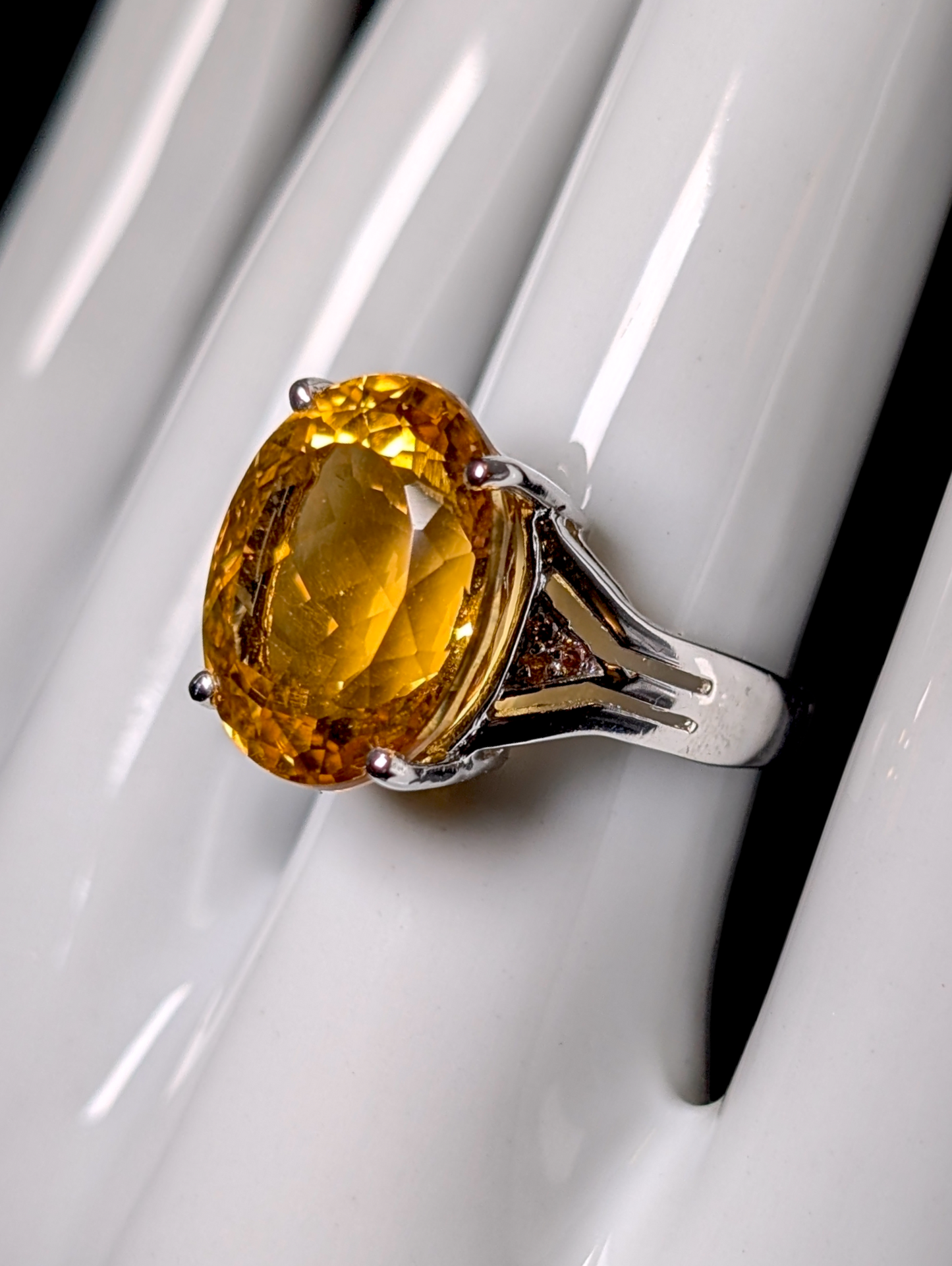 Vintage Large Oval Cut Genuine Golden Citrine Solitaire Sterling Silver Statement Ring