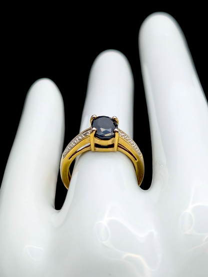 Vintage Oval Solitaire Earth Mined Genuine Blue Sapphire and Diamond Accent Gold over Sterling Silver Ring