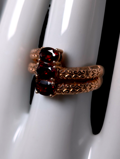 Vintage Three Stone Oval Cut Genuine Garnet Rose Gold Over Sterling Silver Ring