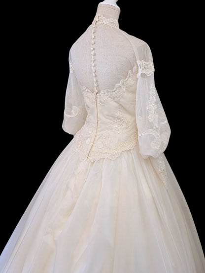 Vintage 1980s Victorian Revival Pearl and Sequin Beaded with Mutton Sleeves Wedding Dress