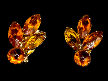 1950s Stunning Amber Jelly Rhinestone Cross Brooch with Matching Earrings