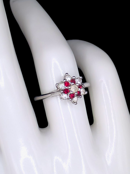 Vintage Inspired Round Cut Simulated Ruby and Simulated Diamond Flower 18k HGE Ring