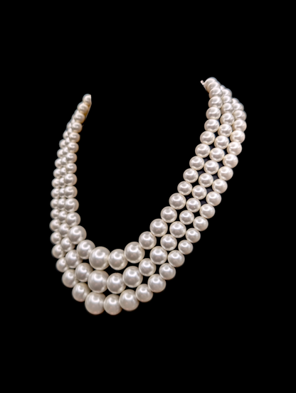 Vintage 1950s Graduating Three Strand Faux Pearl Sterling Silver Statement Necklace