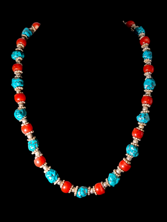 Vintage Faux Turquoise and Faux Coral Silver Tone Beaded Necklace