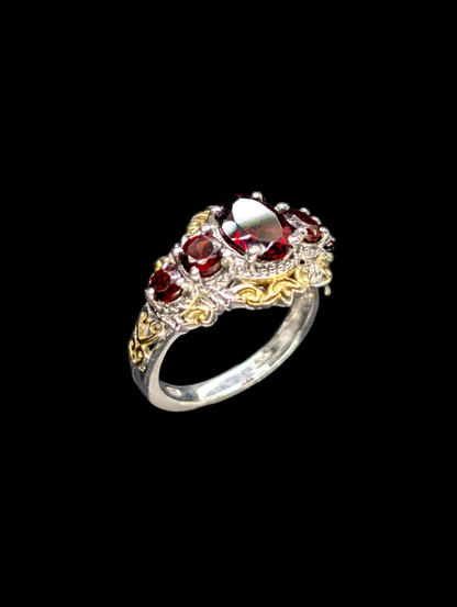 Vintage Graduating Genuine Garnet 14k Gold Plated Filigree Sterling Silver Ring