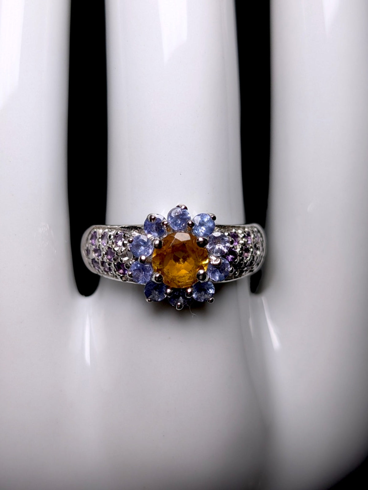 Vintage Genuine Citrine, Tanzanite and Amethyst Flower Sterling Silver Ring