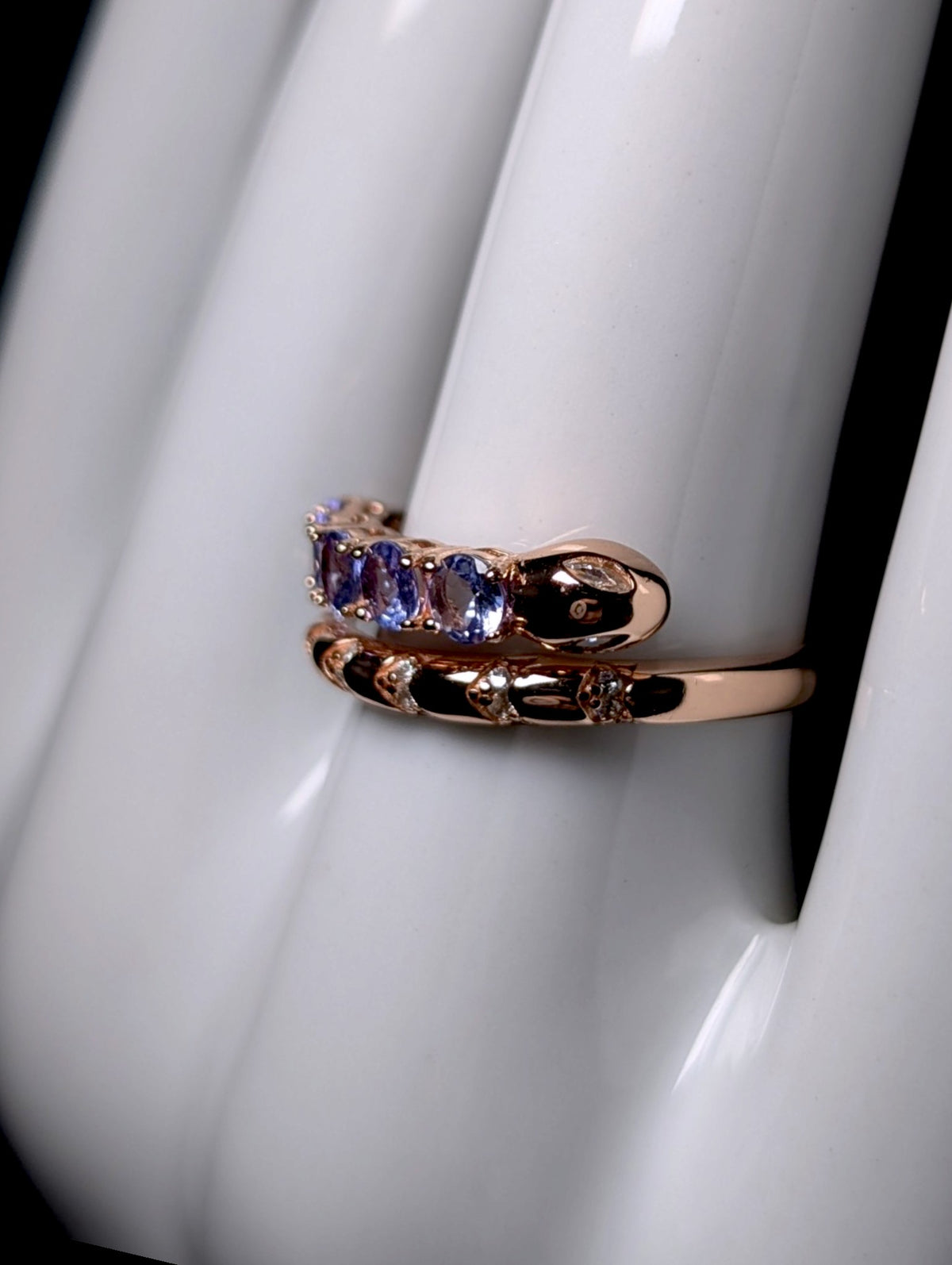 Vintage Inspired Egyptian Revival Genuine Tanzanite Snake Rose Gold over Sterling Wrap Ring