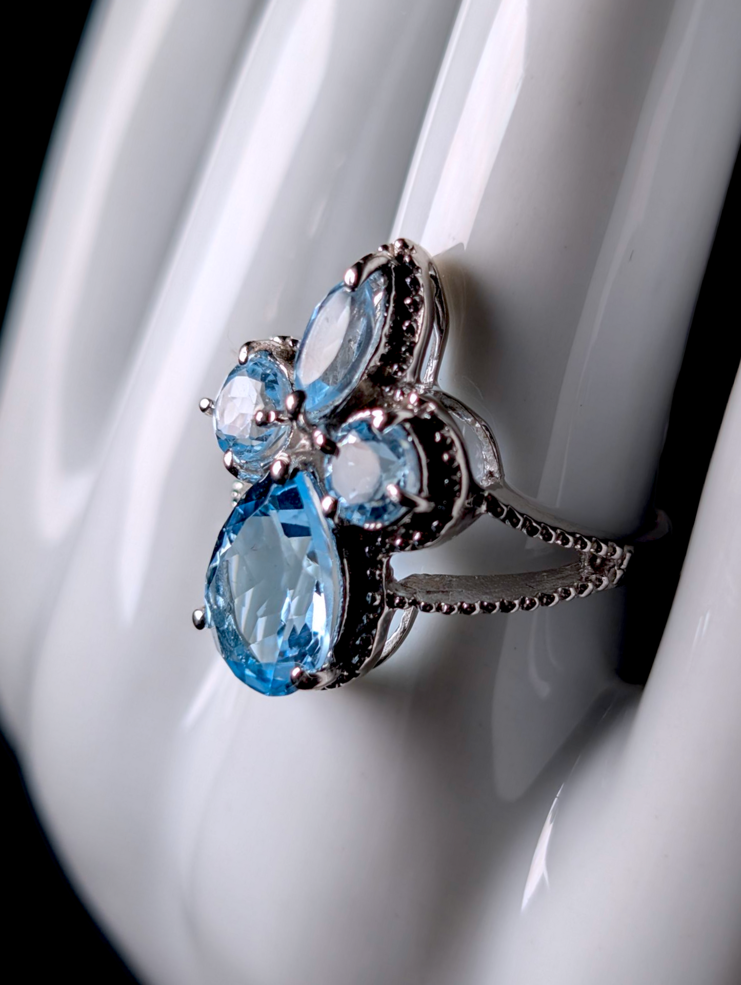 Vintage Inspired Large Mixed Cut Genuine Swiss and Sky Blue Topaz Cluster Rhodium over Sterling Silver Statement Ring