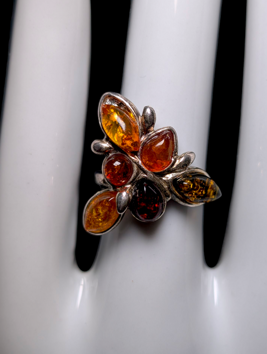 Vintage Artesian Multi Color Genuine Amber Sterling Silver Statement Ring