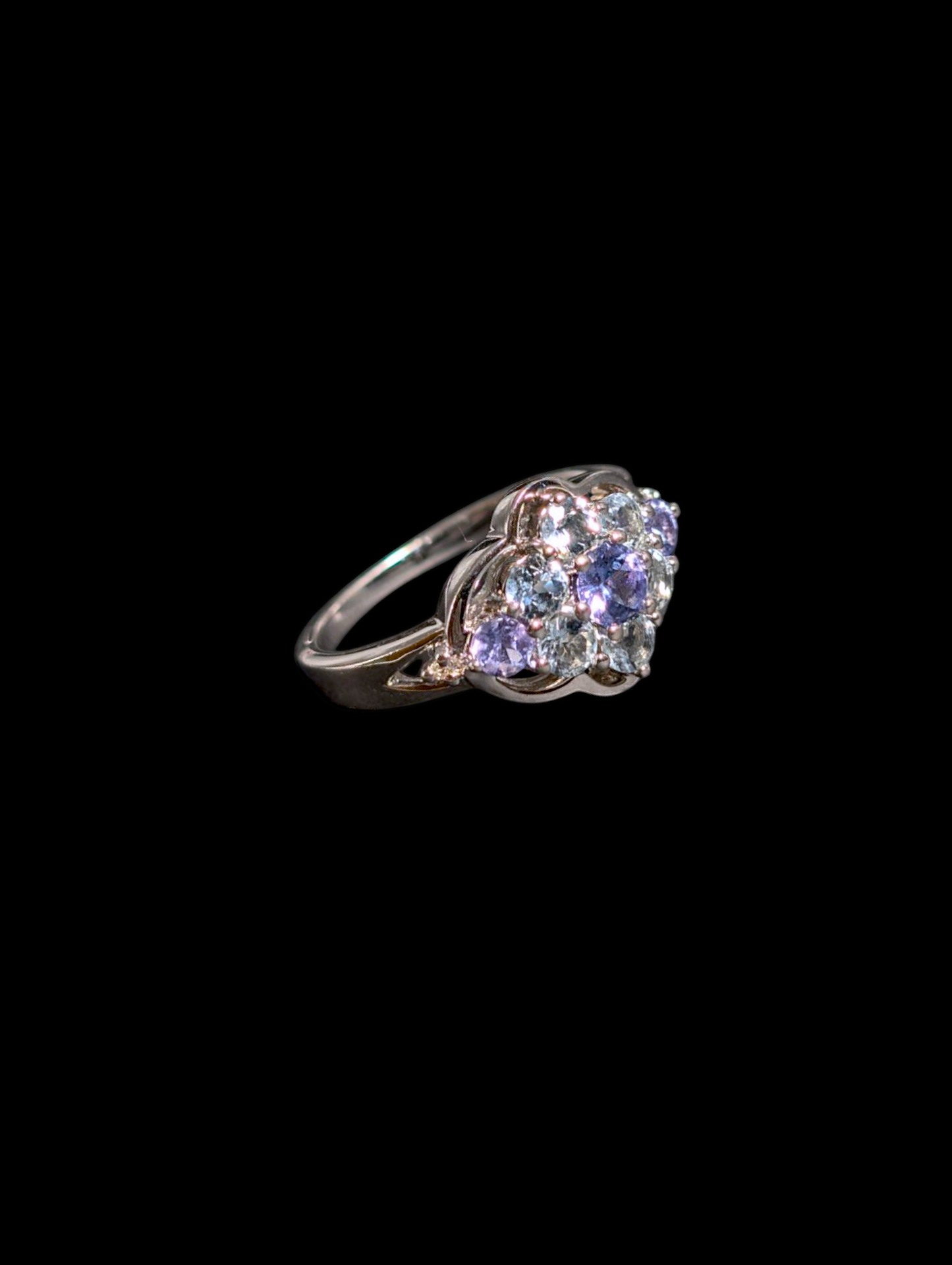Vintage Cluster Genuine Tanzanite and Aquamarine with Diamond Accents Sterling Silver Ring