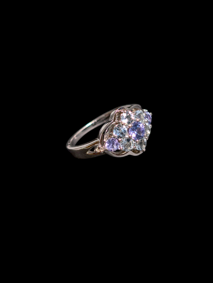 Vintage Cluster Genuine Tanzanite and Aquamarine with Diamond Accents Sterling Silver Ring