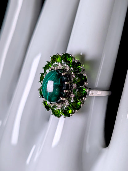 Vintage Genuine Malachite Solitaire and Chrome Diopside Halo Sterling Silver Ring