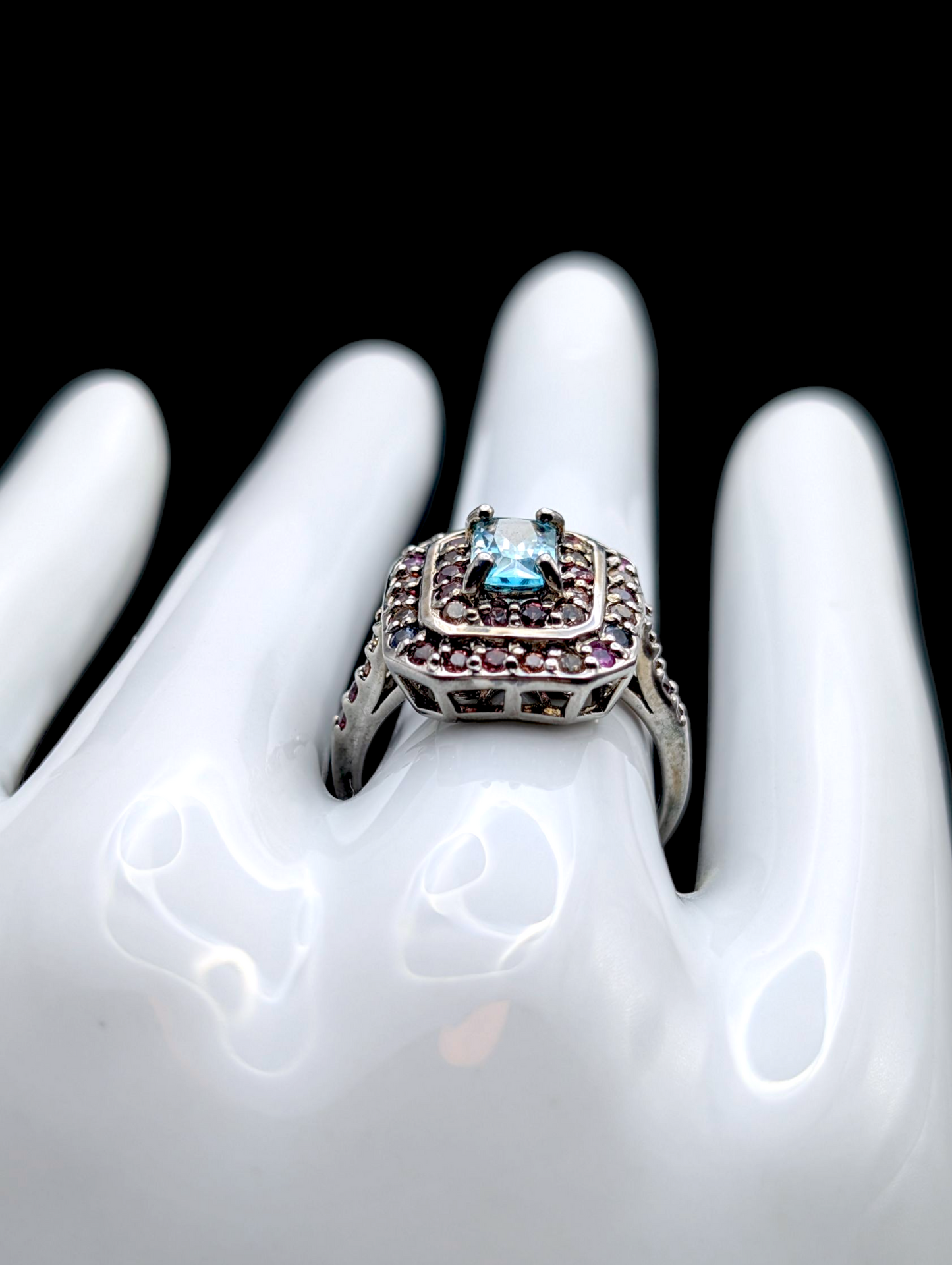 Vintage Radiant Cut Genuine Cambodian Blue Zircon and Fancy Sapphire Double Halo Sterling Silver Ring