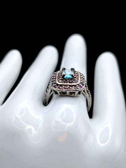 Vintage Radiant Cut Genuine Cambodian Blue Zircon and Fancy Sapphire Double Halo Sterling Silver Ring