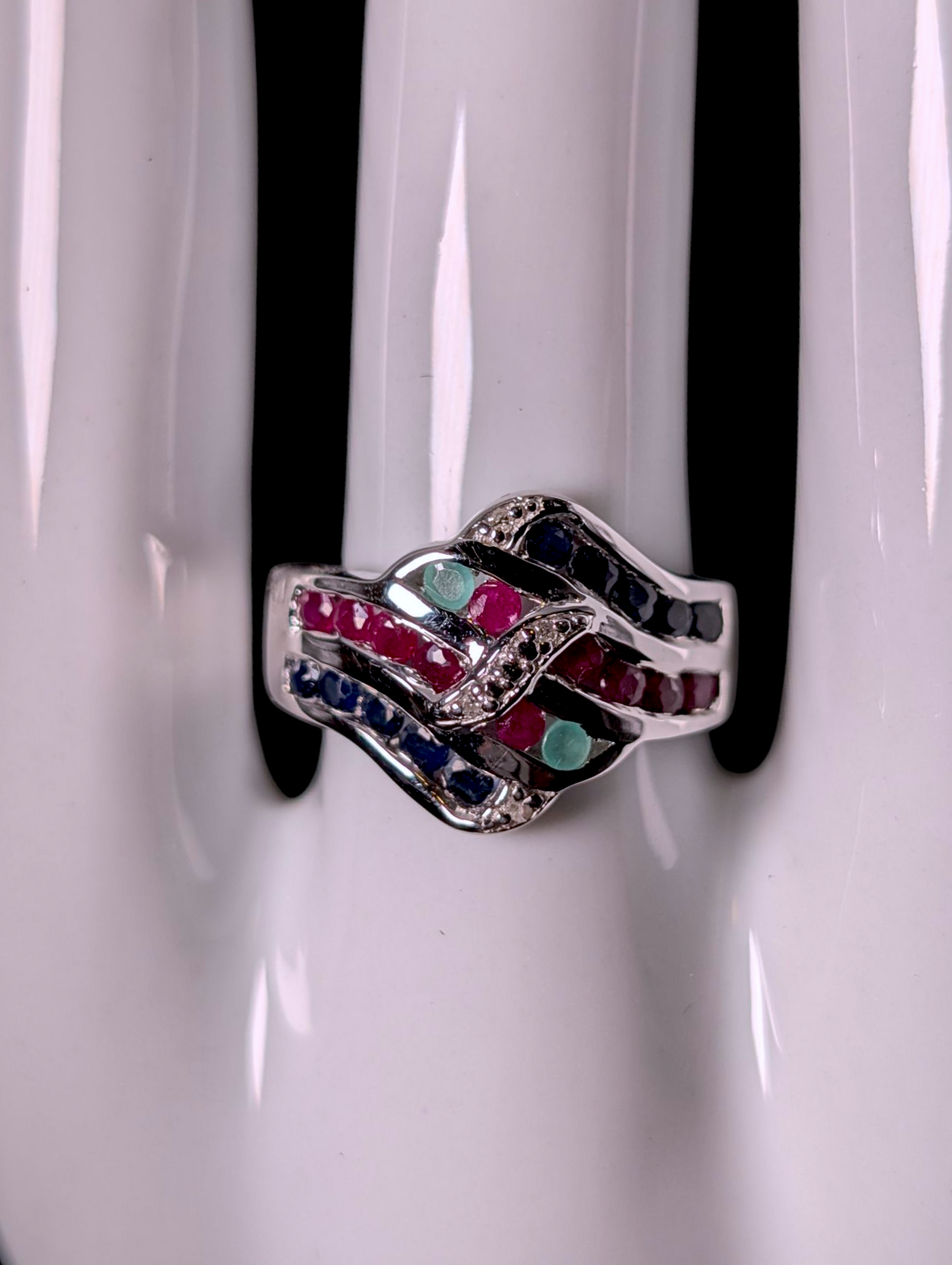 Vintage Earth Mined Genuine Emerald, Ruby and Sapphire with Diamond Accents Sterling Silver Band Ring