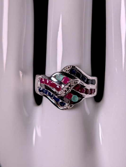 Vintage Earth Mined Genuine Emerald, Ruby and Sapphire with Diamond Accents Sterling Silver Band Ring